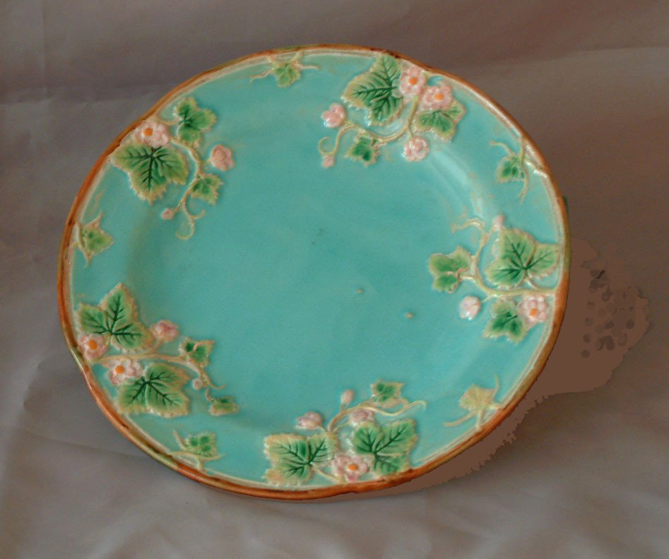GEORGE JONES majolica turquoise strawberry plate, : GEORGE JONES majolica turquoise strawberry plate, 8 1/4"