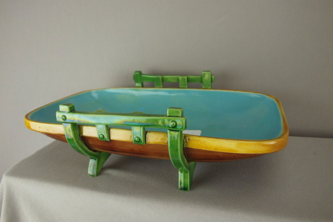 MINTON majolica rectangular server with handles, 1: MINTON majolica rectangular server with handles, 12"l, 3 1/2"h, professional repair to handle, shape no. 1677 "Roll Tray"