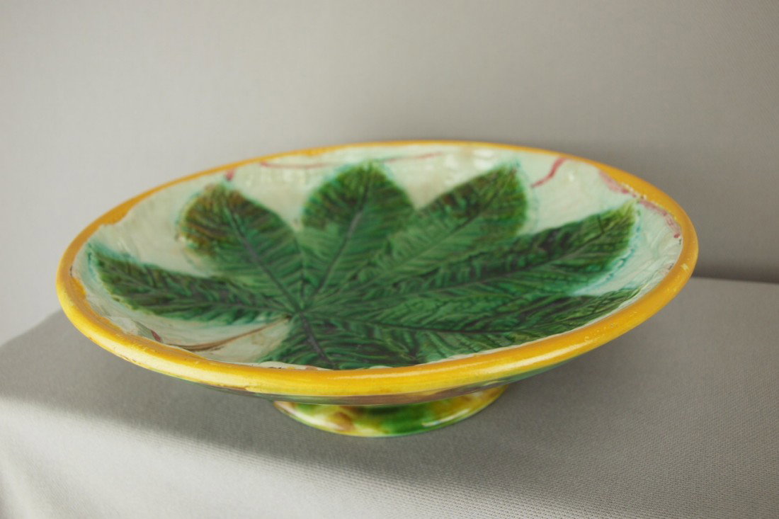 GEORGE JONES majolica chestnut leaf on napkin low : GEORGE JONES majolica chestnut leaf on napkin low compote, 9 1/2"d