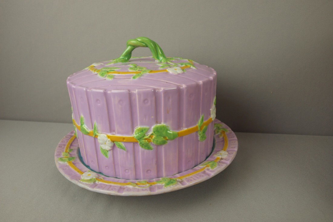 GEORGE JONES pink majolica picket fence and floral: GEORGE JONES pink majolica picket fence and floral cheese keeper, great color, 7 1/2"h, 10 1/4"d