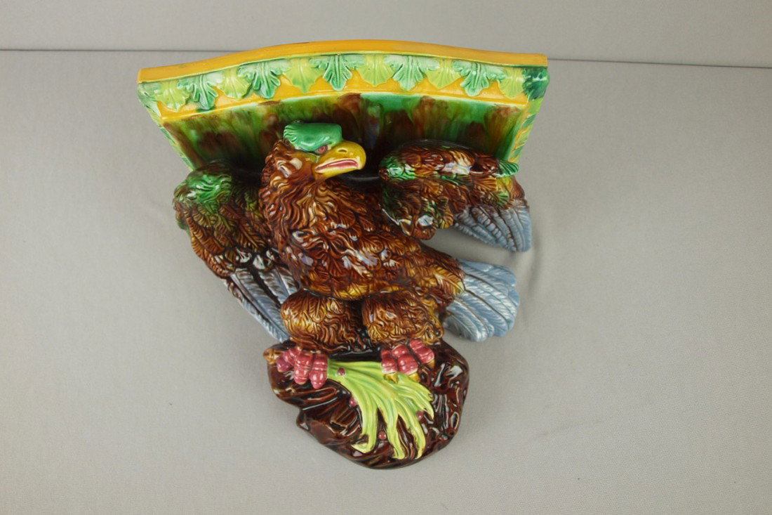 GEORGE JONES majolica eagle bracket shelf, nice co: GEORGE JONES majolica eagle bracket shelf, nice color and detail, 9 1/2"h, 10"w, 9"d
