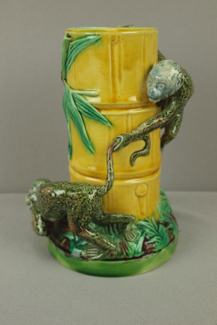 MINTON majolica vase in the form of a piece of bam: MINTON majolica vase in the form of a piece of bamboo with two monkeys chasing each other, 7 1/4"h