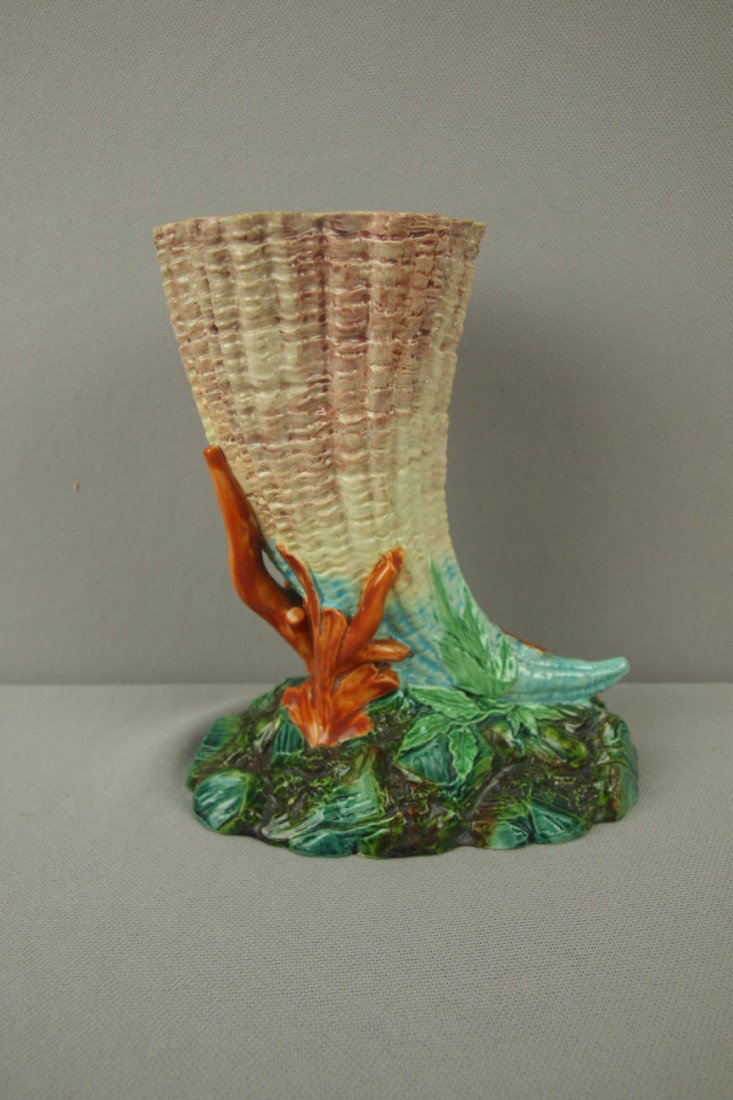 ROYAL WORCESTER cornucopia shell vase with coral,: ROYAL WORCESTER cornucopia shell vase with coral, 6 1/4" , professional rim repair to shell