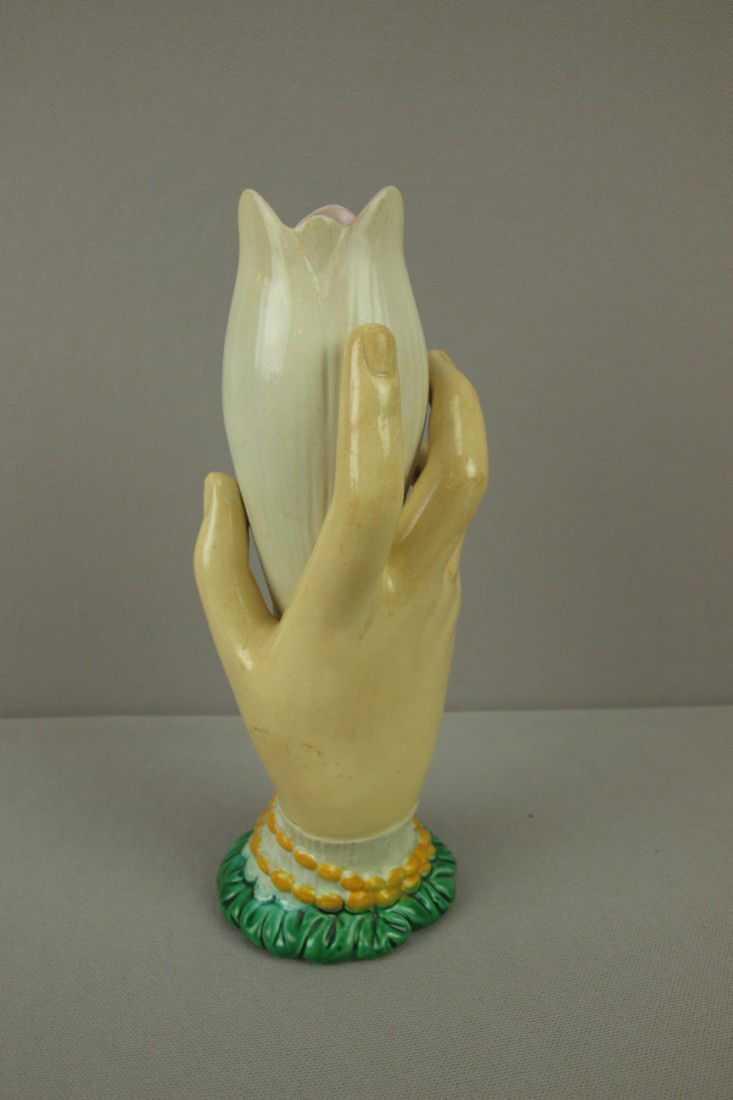 GEORGE JONES majolica hand and lily vase, professi: GEORGE JONES majolica hand and lily vase, professional rim repair, 9"