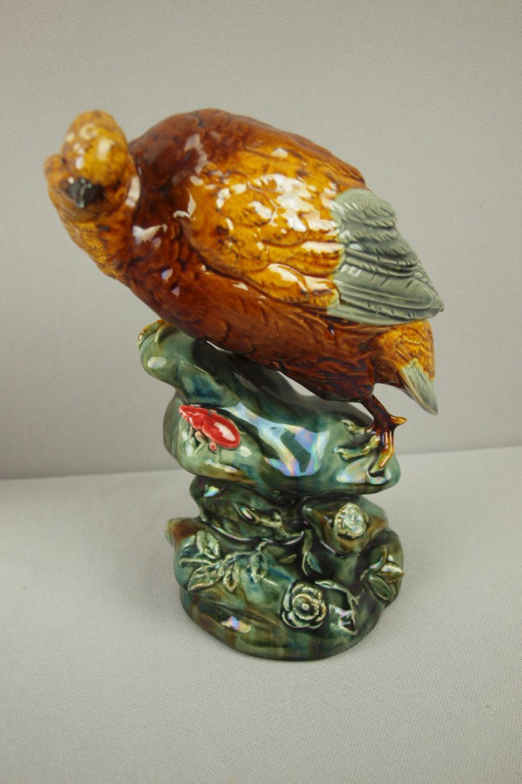 MINTON majolica figure of bird on rock with beetle: MINTON majolica figure of bird on rock with beetle, 8 1/2"