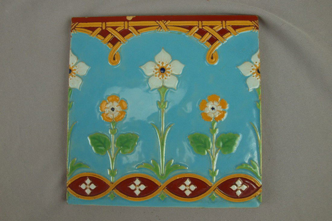 MINTON majolica 8" tile with floral motif : MINTON majolica 8" tile with floral motif
