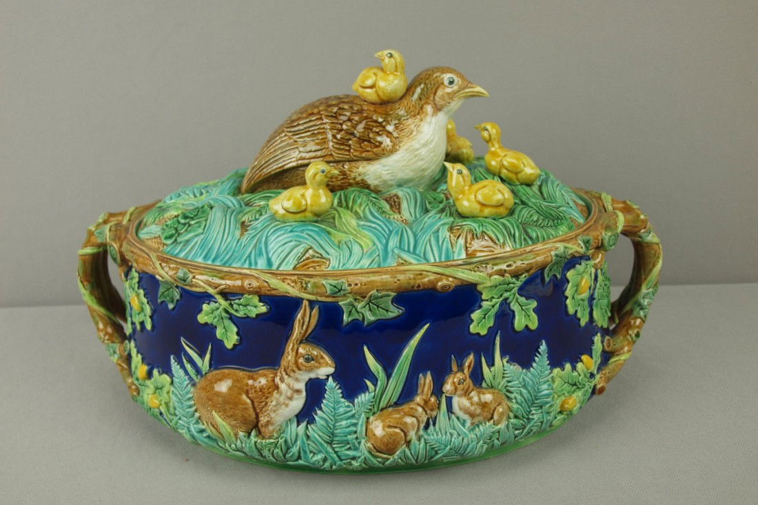 GEORGE JONES rare majolica game dish with quail an: GEORGE JONES rare majolica game dish with quail and 7 chicks on cover of leaves and ferns, cobalt base with rabbits in ferns and leaves with vine handles, oak leaves and acorns, minor chip to one hand