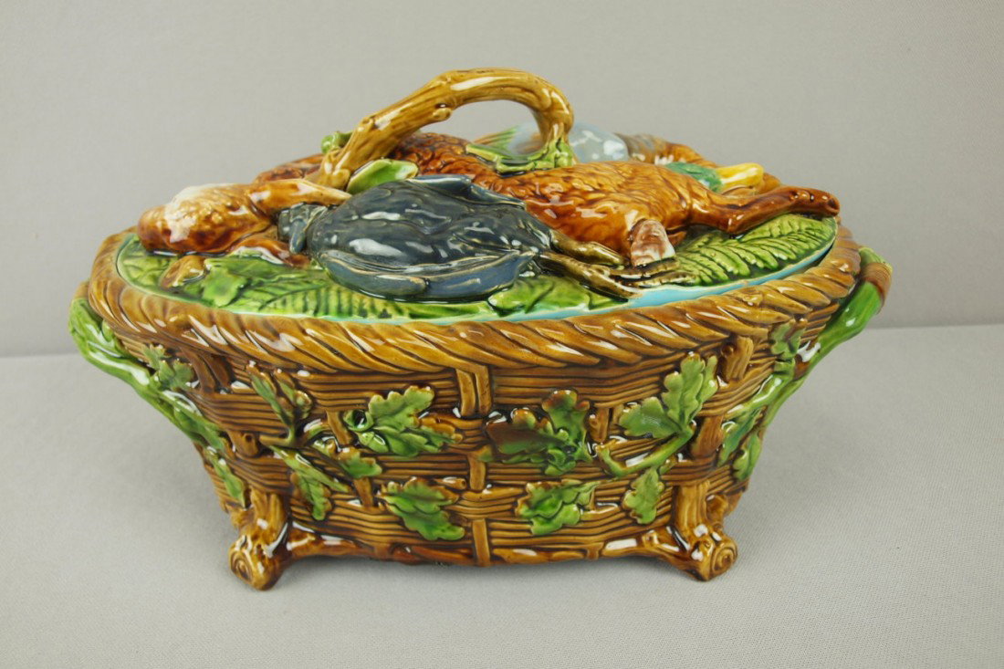 MINTON majolica game dish with insert, basketweave: MINTON majolica game dish with insert, basketweave base decorated with oak leaves and acorns, lid with rabbit and game on bed of leaves and ferns, 13"