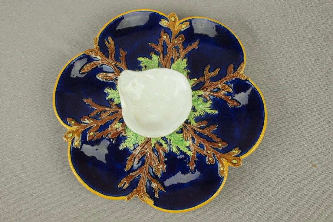 GEORGE JONES cobalt large 6 well oyster plate with: GEORGE JONES cobalt large 6 well oyster plate with raised center shell, great color and detail, 10"
