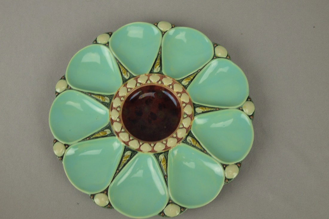 MINTON majolica seamist green 9 well oyster plate,: MINTON majolica seamist green 9 well oyster plate, shape no. 1324, 9 3/4"