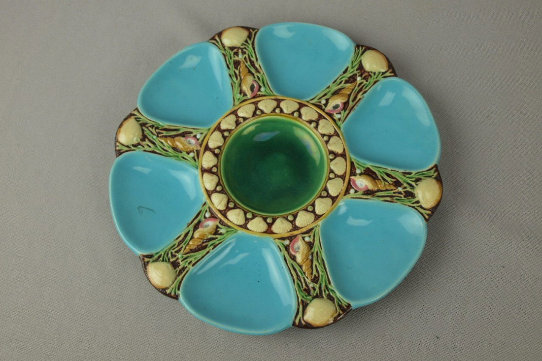 MINTON turquoise majolica 6 well oyster plate, sha: MINTON turquoise majolica 6 well oyster plate, shape no. 1323, 9 1/4"