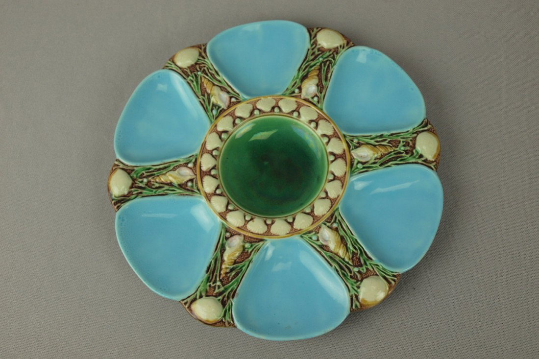 MINTON turquoise majolica 6 well oyster plate, sha: MINTON turquoise majolica 6 well oyster plate, shape no. 1323, 9 1/4"