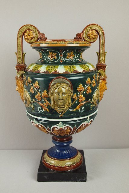 Wilhelm Schiller & Son (WS&S) two handled vase: Wilhelm Schiller & Son (WS&S) two handled vase with lady's head on each side and mask handles, 18 1/2", professional base repair