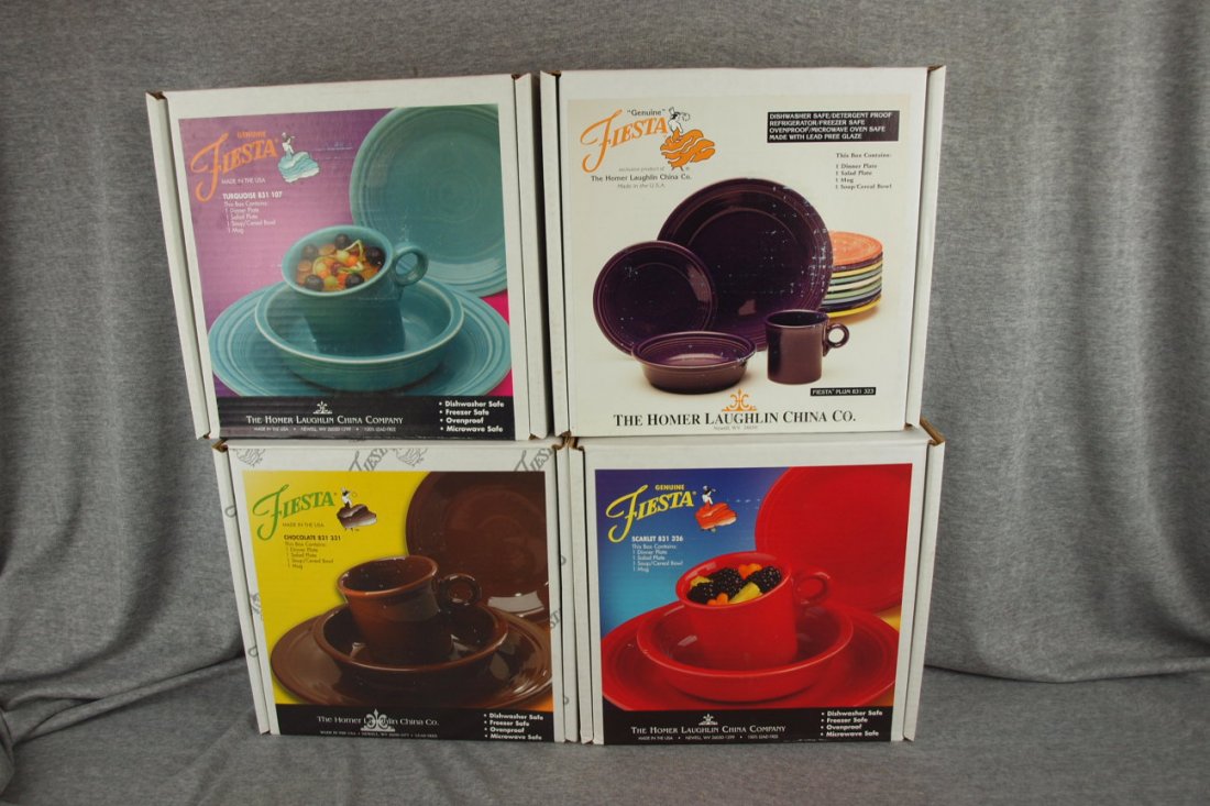 Post 86 Fiesta 4-4 piece place settings, NIB, Turquo: Post 86 Fiesta 4-4 piece place settings, NIB, Turquoise Plum, Chocolate & Scarlet