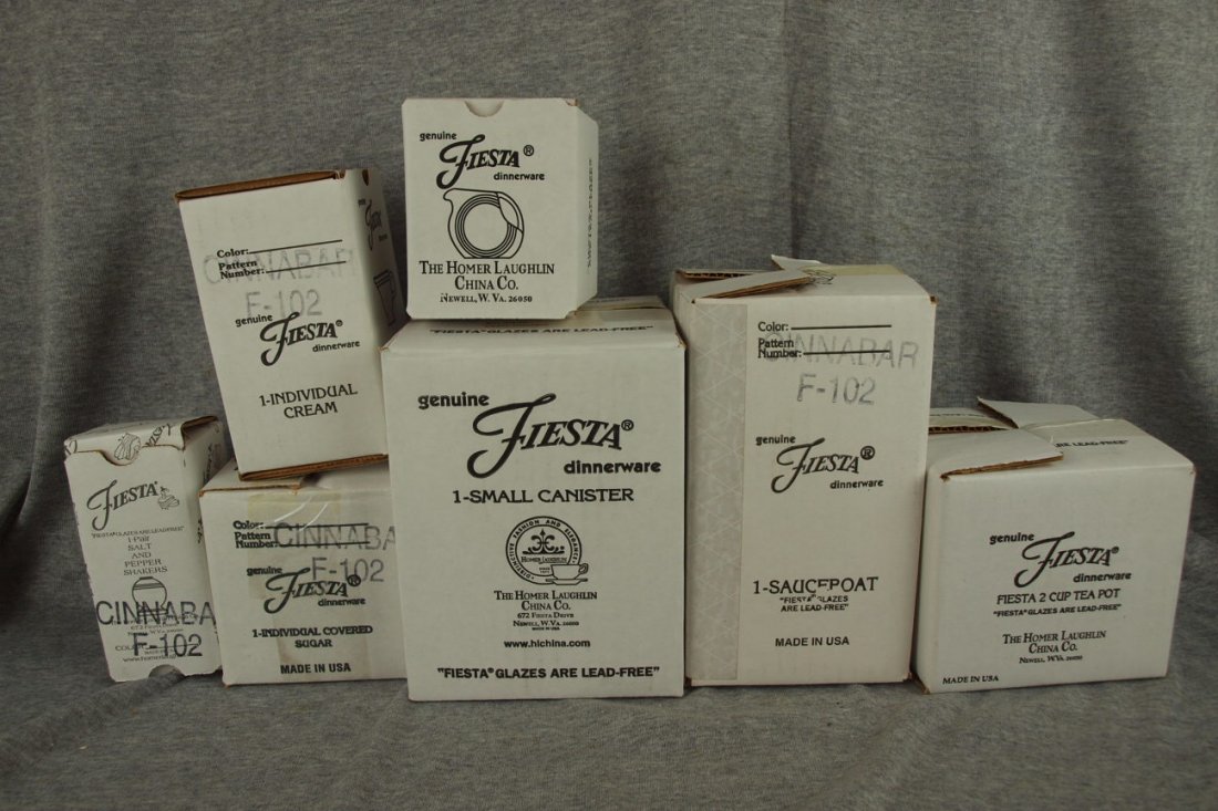 Fiesta Post 86 Cinnabar NIB group - salt/pepper, i: Fiesta Post 86 Cinnabar NIB group - salt/pepper, individual cream/sugar, mini disk pitcher, small canister, sauce boat & 2 cup teapot