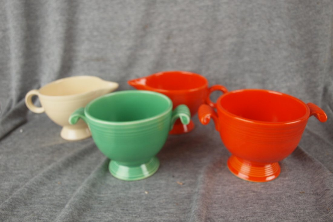 Fiesta cream & sugar group - ivory & red creamers : Fiesta cream & sugar group - ivory & red creamers - light green and red sugar bases