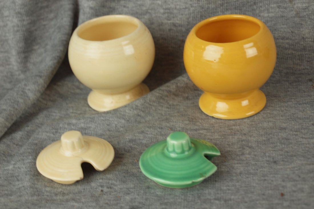 Fiesta mustard group - ivory (hairline to lid), ye: Fiesta mustard group - ivory (hairline to lid), yellow base, light green lid, nicks