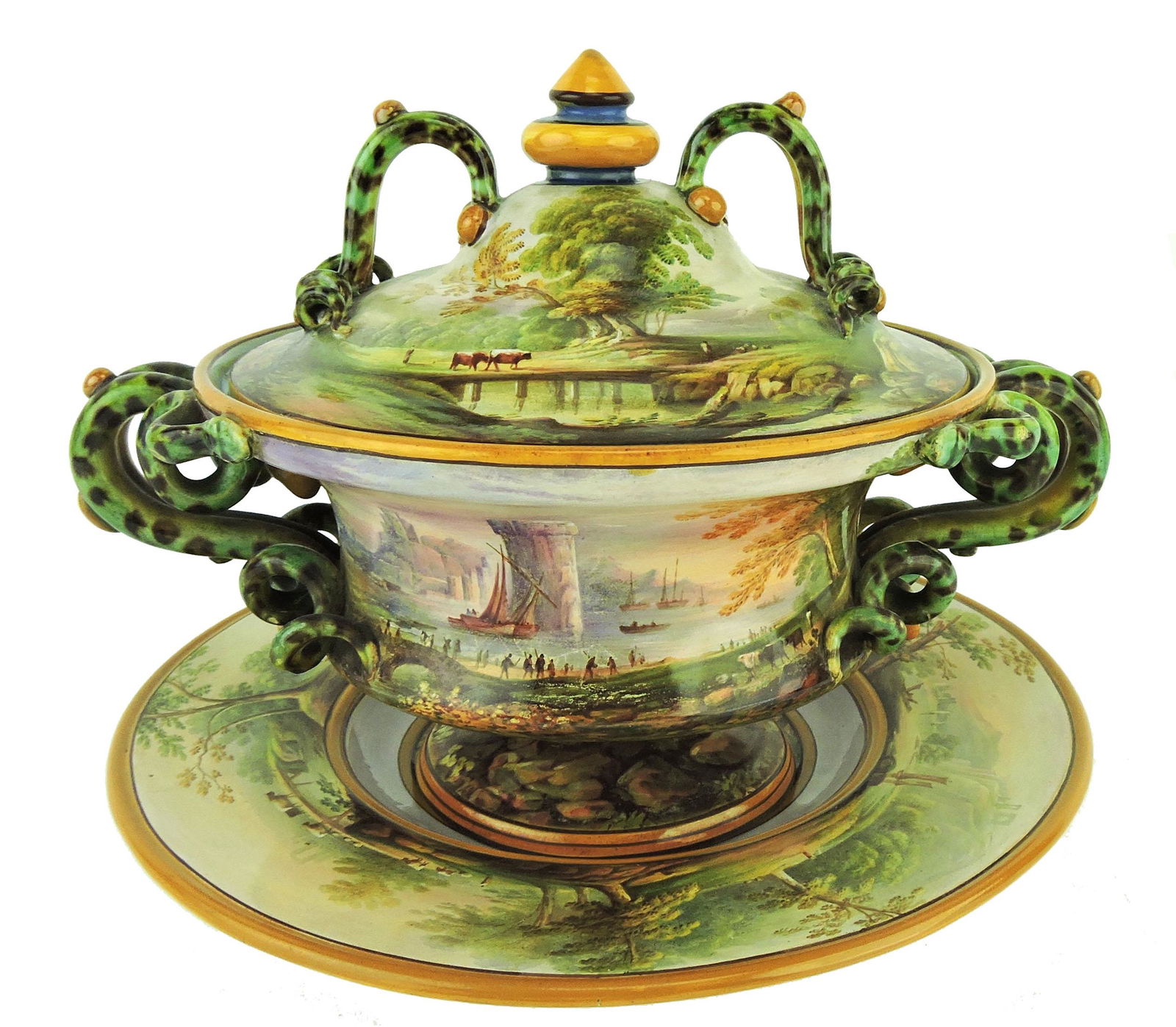 Very Rare Minton Majolica Italian: Revival Broth Bowl, Cover and Stand c.1865, the stepped conical cover with ochre spire knob and spiral snake handles, the chalice form bowl with similar handles, on a conforming circular stand all pai