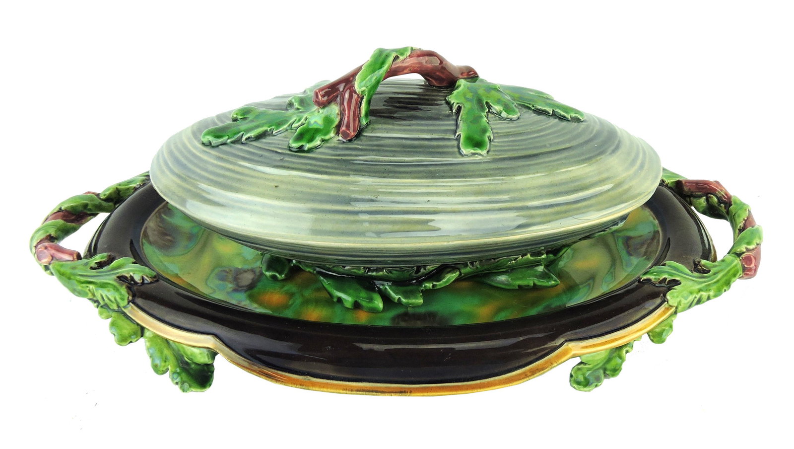 Very Rare Minton Majolica Mussel: Shell Tureen on Stand c.1865 (only known example) modeled as a closed mussel shell on seaweed supports, the cover surmounted with red coral and seaweed forming the handle, all atop an oval stand, the 