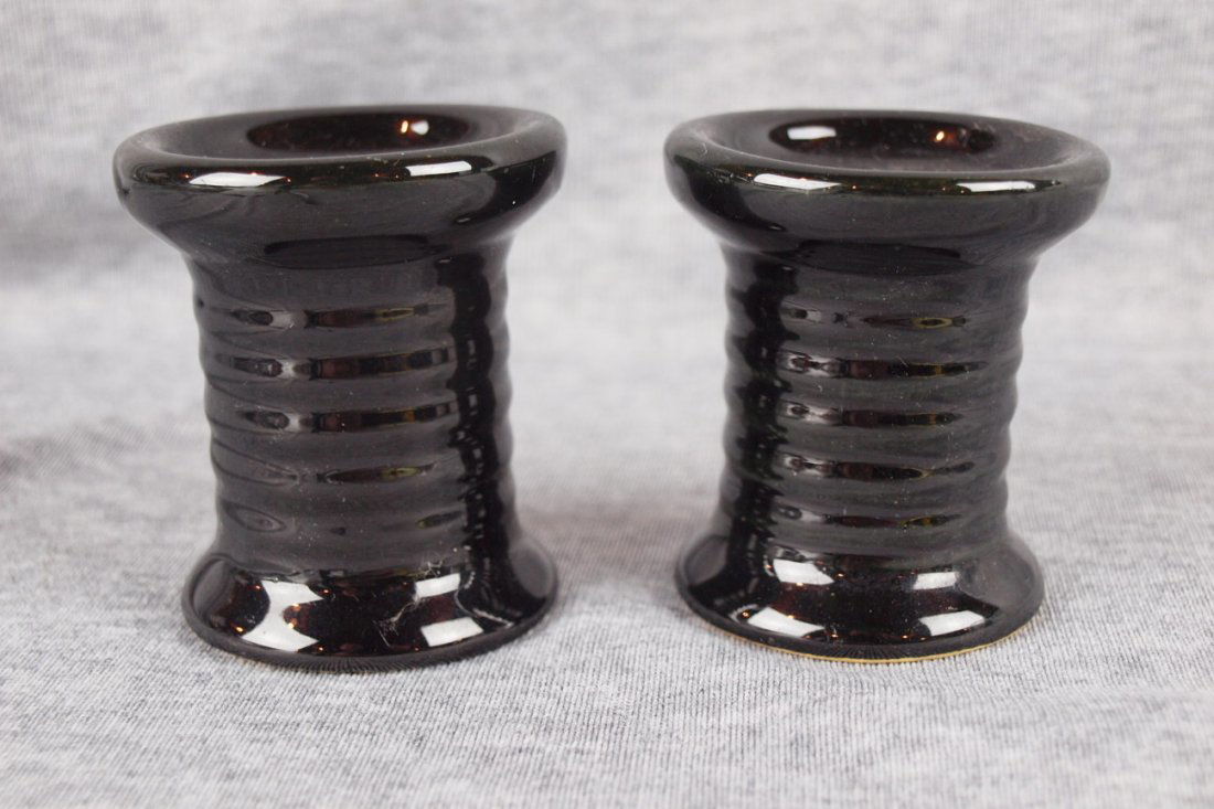 Bauer Pottery pair of black spool candle holders: Bauer Pottery pair of black spool candle holders