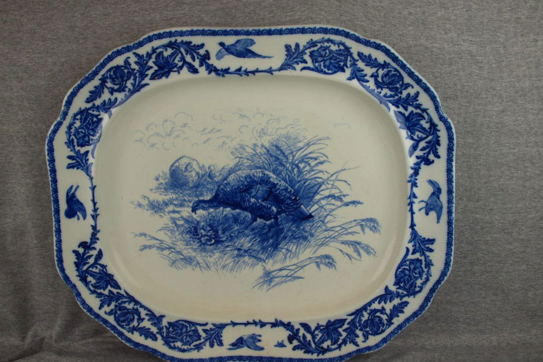 English blue and white Staffordshire turkey platte: English blue and white Staffordshire turkey platter, 23" x 20