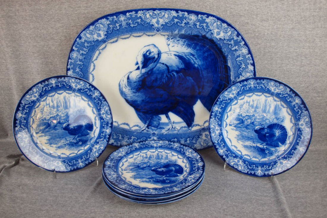 Doulton Watteau flow blue turkey platter (21" x 17: Doulton Watteau flow blue turkey platter (21" x 17") and 6-10 1/4" matching plates, nice set