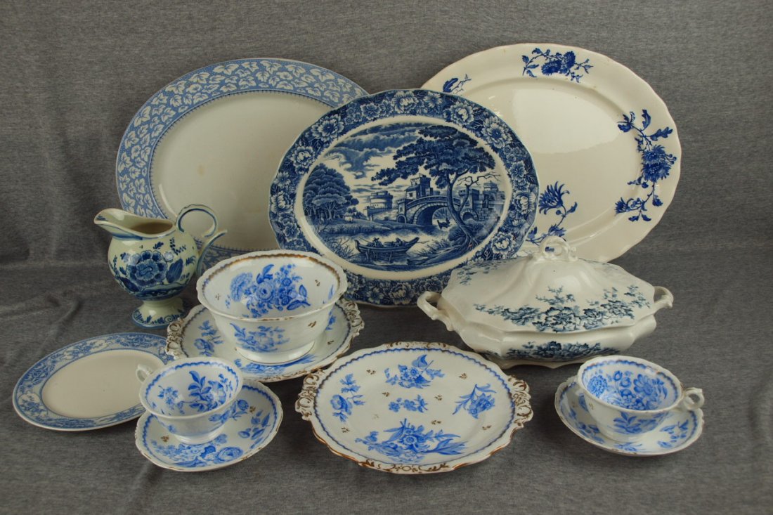Lot of 11 blue and white and flow blue platters, p: Lot of 11 blue and white and flow blue platters, plates and other assorted items, some with nicks and wear