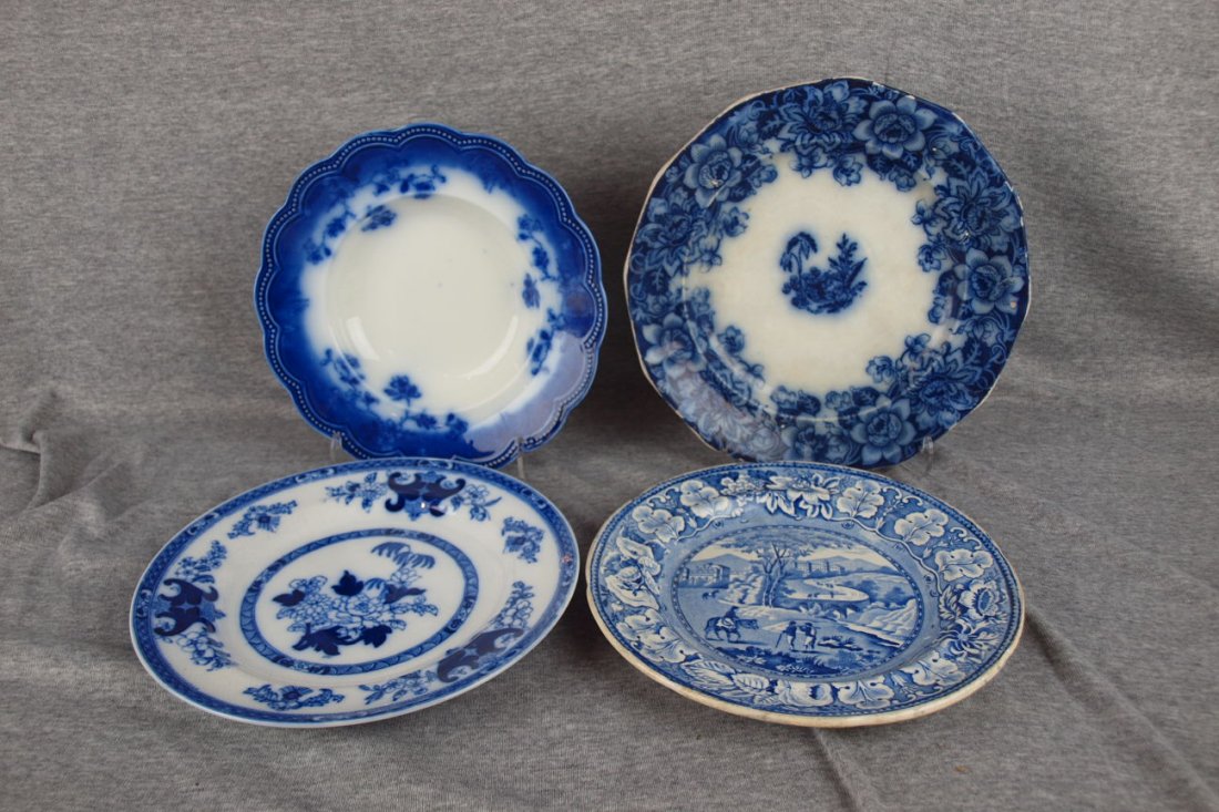 Lot of 4 blue & white Staffordshire and flow blue: Lot of 4 blue & white Staffordshire and flow blue plates