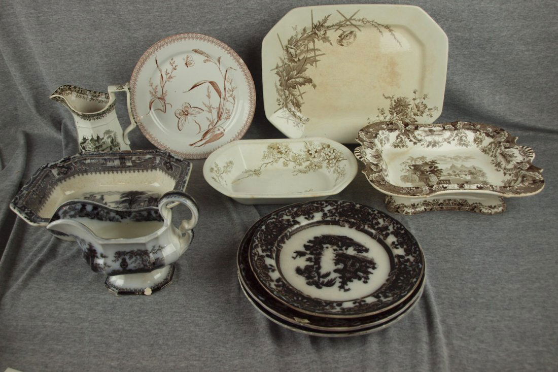 Lot of 10 mulberry and brown transferware items wi: Lot of 10 mulberry and brown transferware items with damage