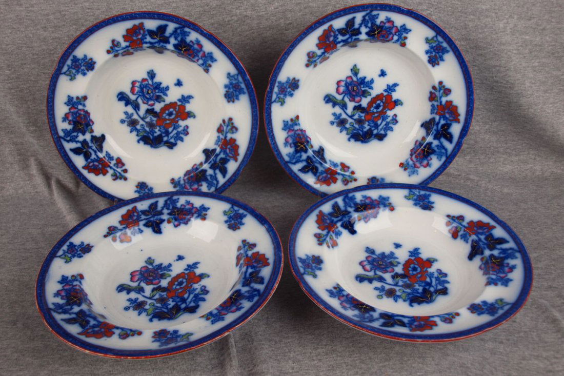 Flow blue "Chinese Plant" set of 4-10 1/2" wide ri: Flow blue "Chinese Plant" set of 4-10 1/2" wide rim soup bowls and 9" deep bowl