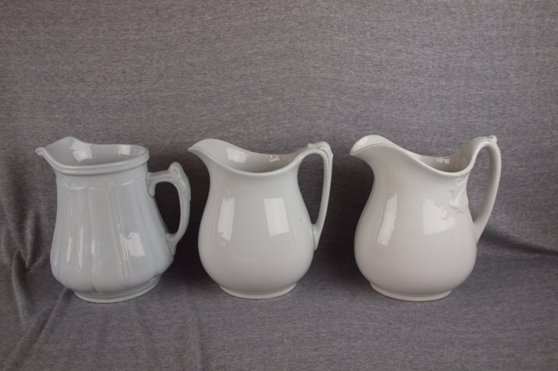 Lot of 3 white ironstone pitchers, 9 1/2" average: Lot of 3 white ironstone pitchers, 9 1/2" average