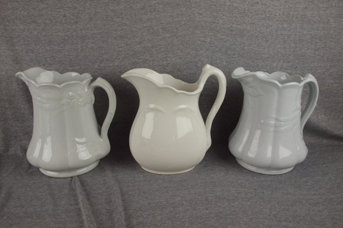 Lot of 3 white ironstone pitchers, 9 1/2" average: Lot of 3 white ironstone pitchers, 9 1/2" average