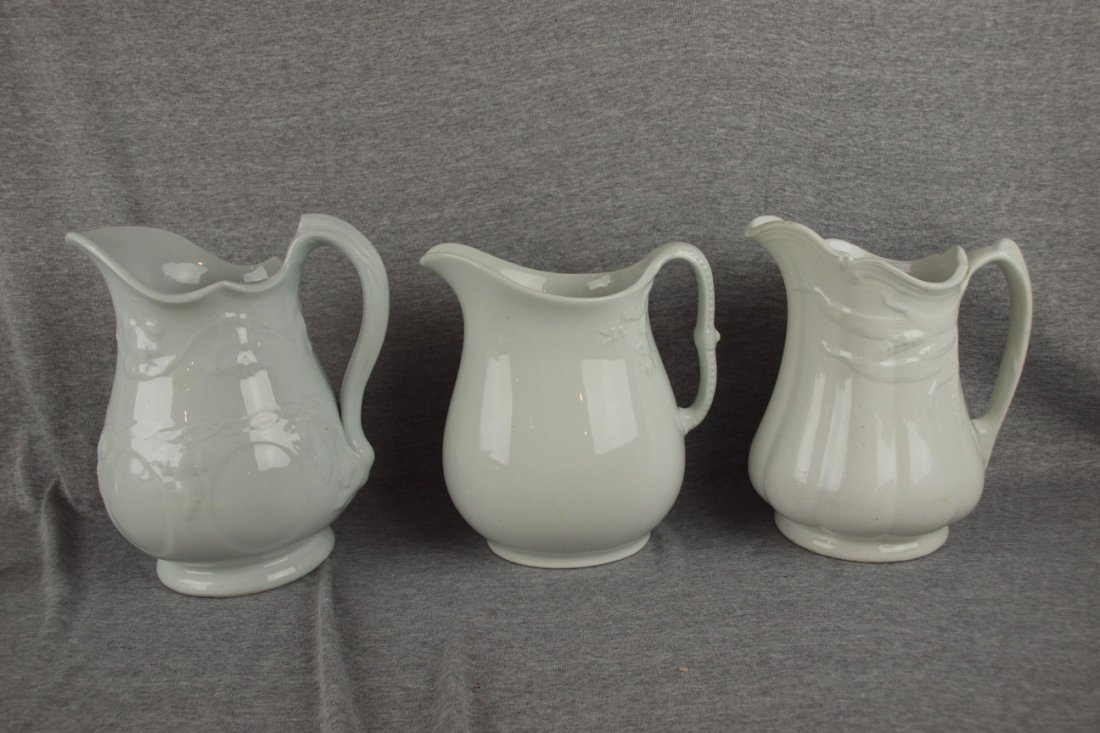 Lot of 3 white ironstone pitchers, 9 1/2" average: Lot of 3 white ironstone pitchers, 9 1/2" average