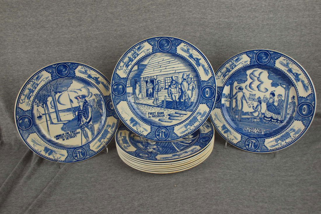 Spode lot of 10 blue and white Historial Plates of: Spode lot of 10 blue and white Historial Plates of Detroit, Michigan, 10 1/2" and Adams blue and white Historical plate of Jamestown, VA, 10 1/2"