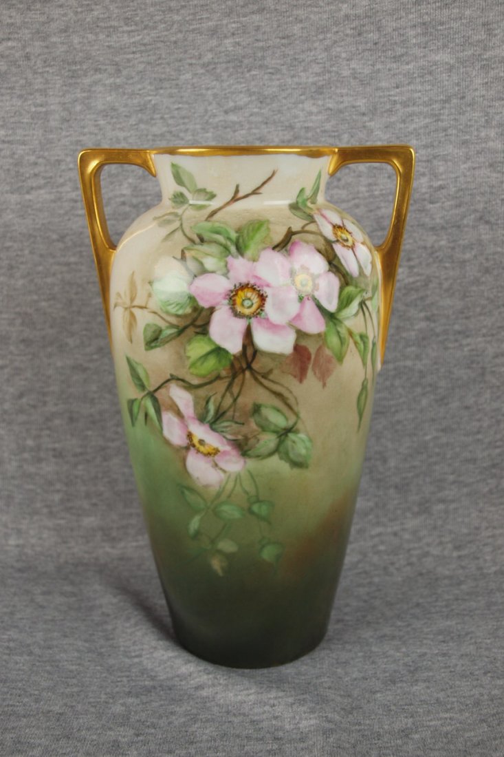 Bavarian hand painted porcelain two handled floral: Bavarian hand painted porcelain two handled floral vase, 10"