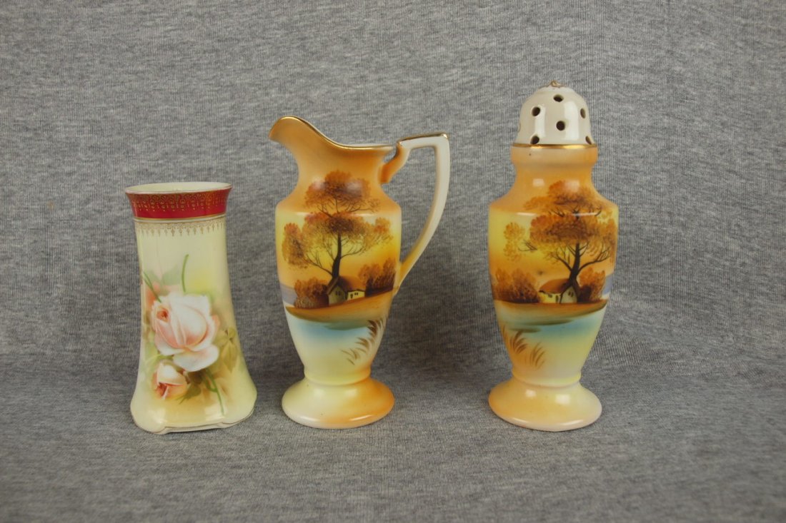 R.S. German hat pin holder and Noritake creamer an: R.S. German hat pin holder and Noritake creamer and sugar shaker