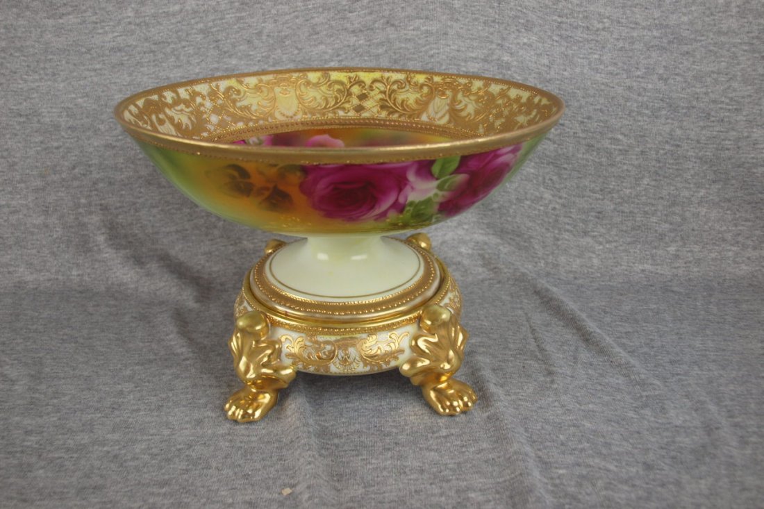 Nippon 2 piece pedestal compote with roses and hea: Nippon 2 piece pedestal compote with roses and heavy gold, 10"d, 6 3/4"h