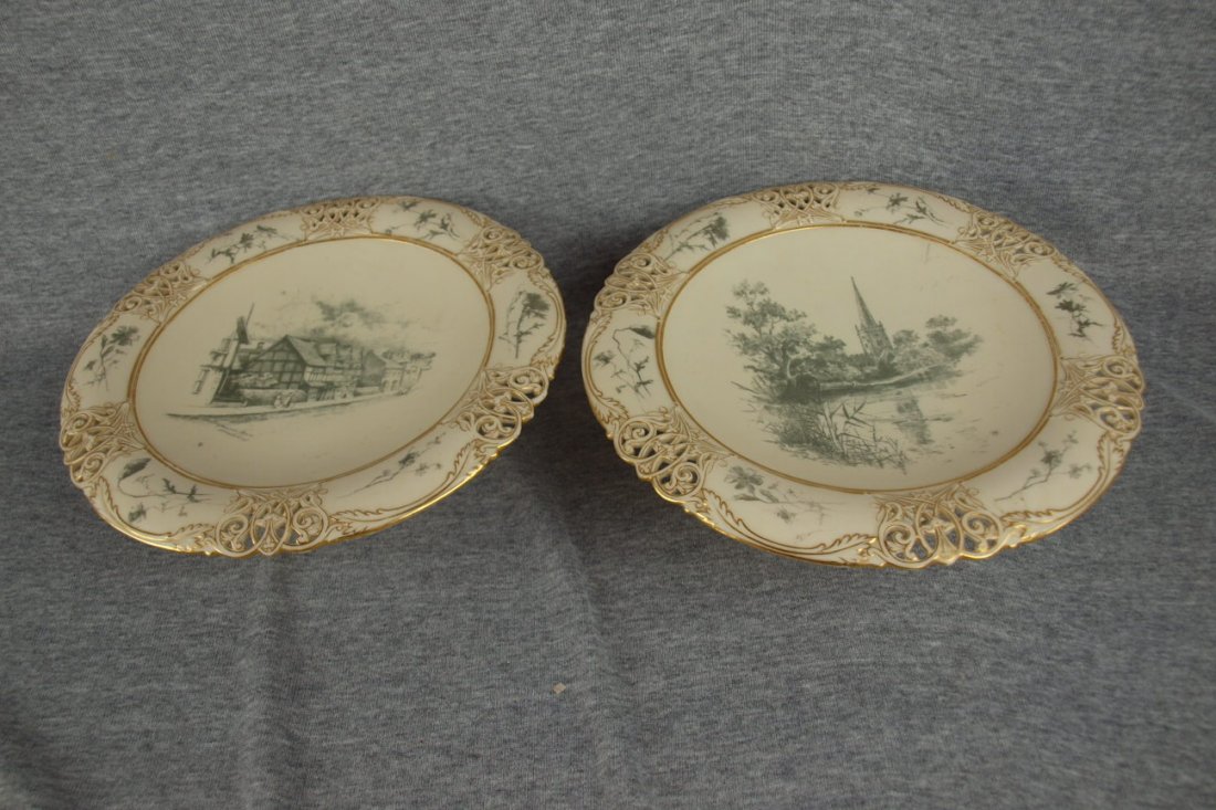 Royal Worcester pair of scenic reticulated compote: Royal Worcester pair of scenic reticulated compotes, 9 1/2"d