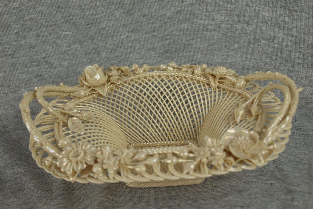 Irish Belleek rare "Henshall's Twig Basket", extre: Irish Belleek rare "Henshall's Twig Basket", extremely delicate, 8 1/2"w