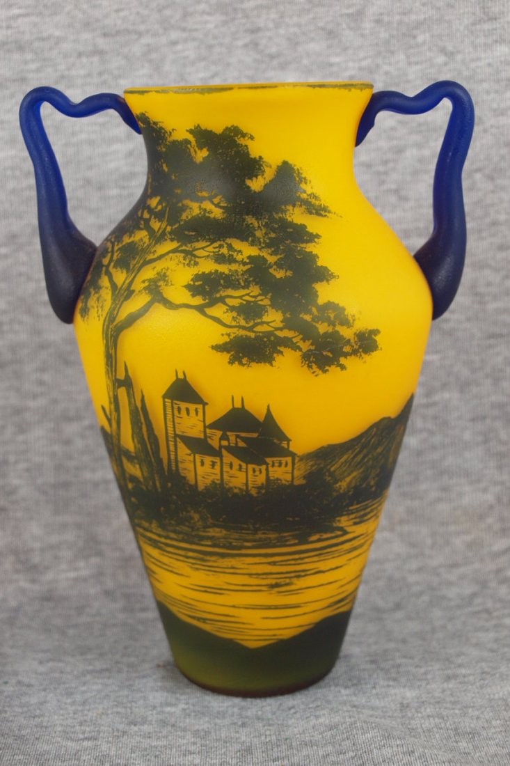 French cameo art glass scenic vase, 7", signed: Loetz Richard French cameo art glass scenic vase, 7", signed