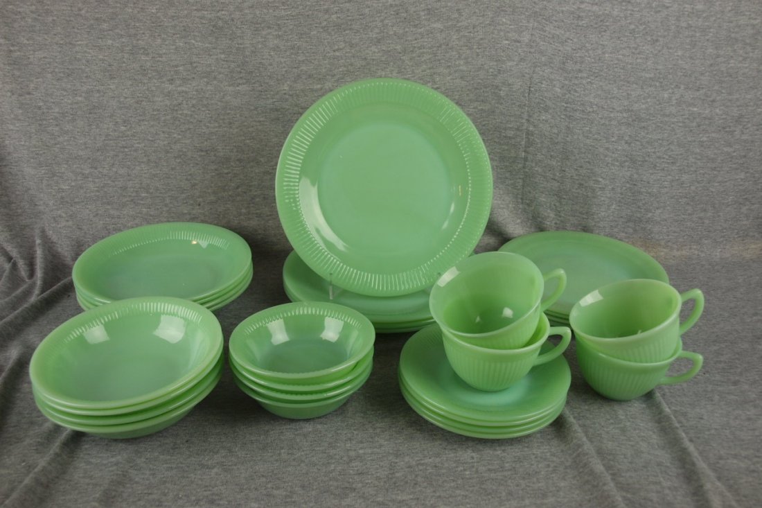 Fire King jadite Jane Ray set of 4-7 piece place s: Fire King jadite Jane Ray set of 4-7 piece place settings - 9" and 7 3/4" plates, 7 1/2", 6" and 5" bowls, cups and saucers, 28 pieces
