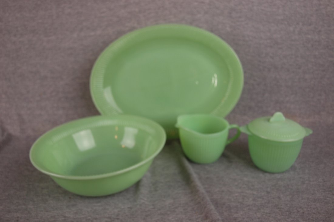 Fire King jadite Jane Ray lot of 4 pieces - 12" pl: Fire King jadite Jane Ray lot of 4 pieces - 12" platter, 8" bowl, cream & sugar