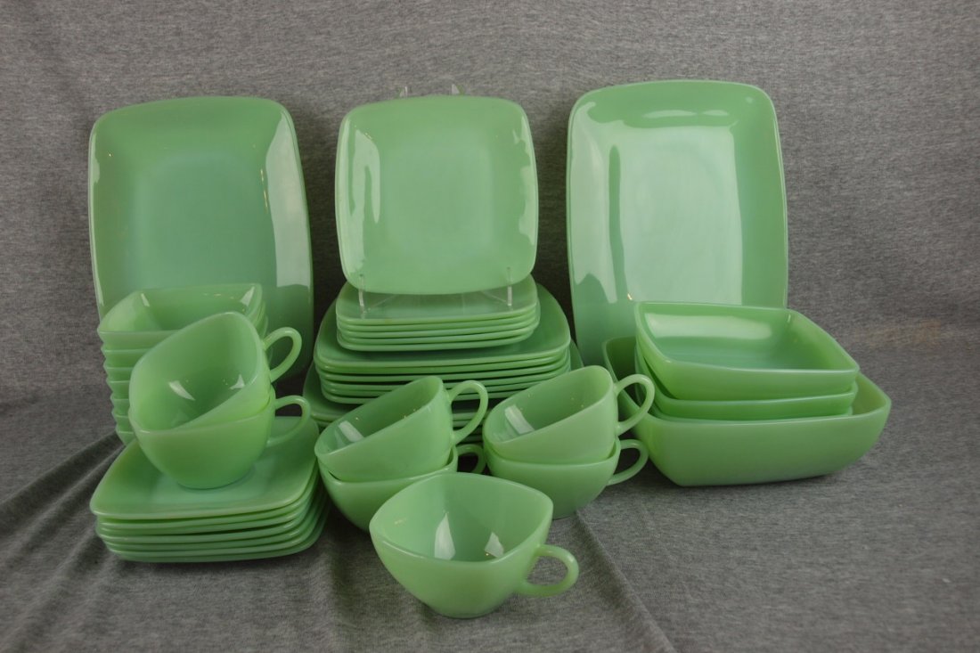 Fire King jadite Charm set of dinnerware, 46 piece: Fire King jadite Charm set of dinnerware, 46 pieces, 6-9 1/4", 6-8 1/2" and 6-6 3/4" plates, 7 cups, 7 saucers, 2-11" platters, 7 1/2" vegetable bowl, 4-6" bowls, 7-4 3/4" bowls