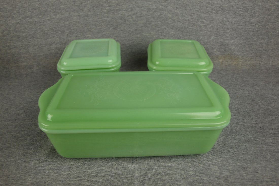 Fire King jadite lot of 3 refrigerator dishes: Fire King jadite lot of 3 refrigerator dishes