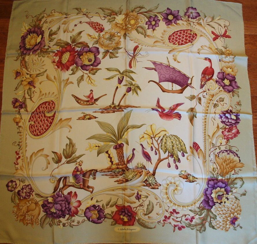 Vintage silk Salvatore Ferragamo scarf, 34" x 34": Vintage silk Salvatore Ferragamo scarf, 34" x 34"