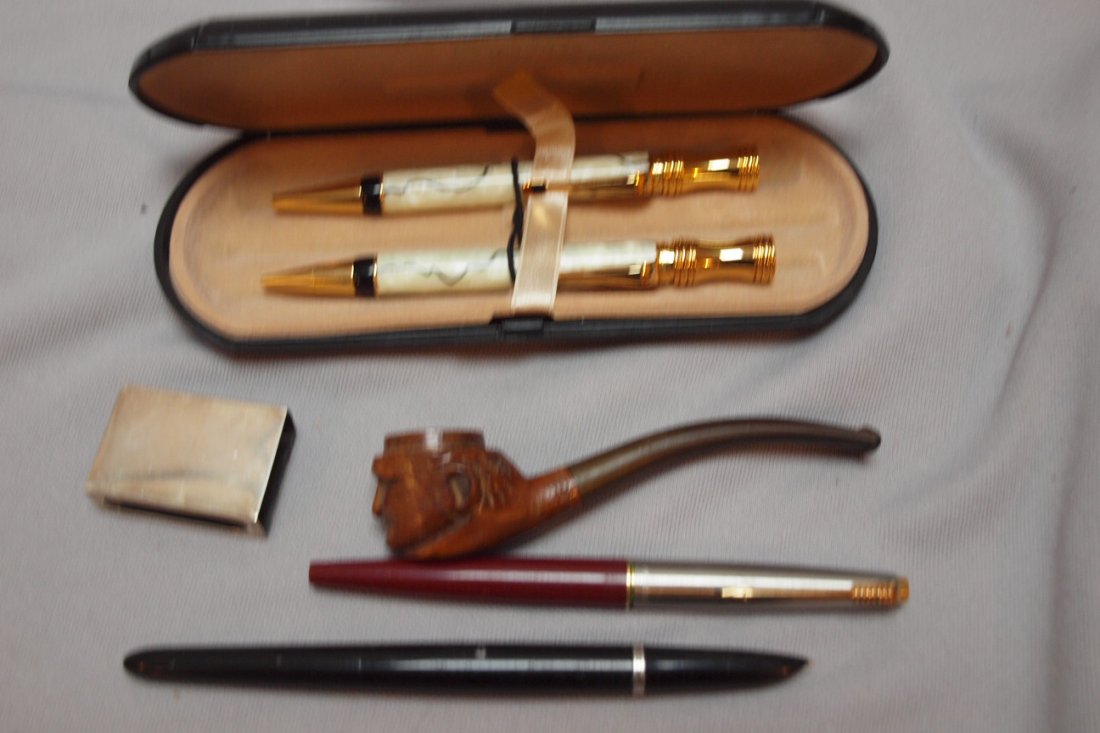Sterling match box, pen/pencil set and pipe : Sterling match box, pen/pencil set and pipe