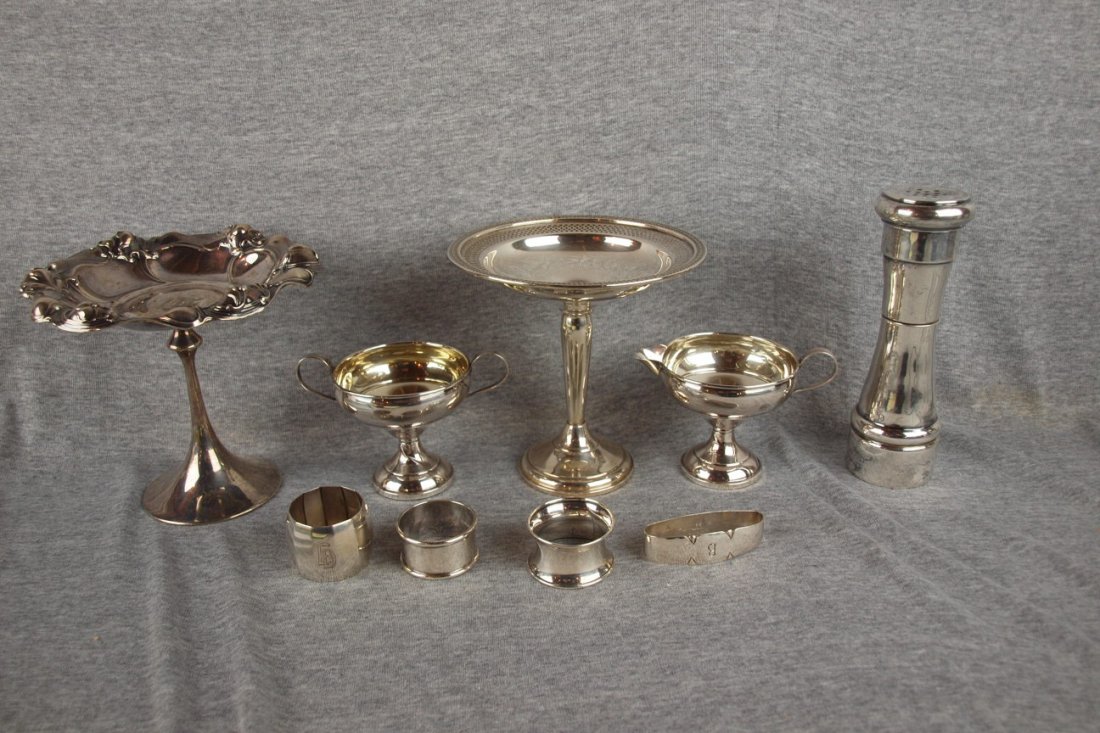 Lot of 9 sterling silver pieces - comport, creame: Lot of 9 sterling silver pieces - comport, creamer, sugar, pepper mill and napkin rings