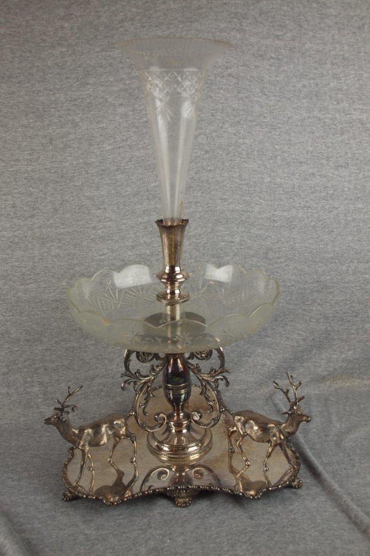 Silver epergne with 3 stag deer on base, clear cu: Silver epergne with 3 stag deer on base, clear cut glass bowl and vase (chip to inside rim of bowl), 20 1/2", signed Hopkins & Hopkins, Dublin, nice