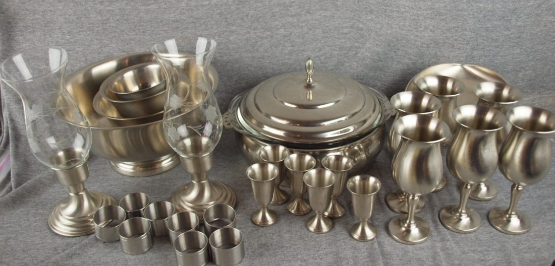 Lot of 30 pieces of Preisner pewter - goblets, ca: Lot of 30 pieces of Preisner pewter - goblets, casserole, bowls, candle holders and napkin rings