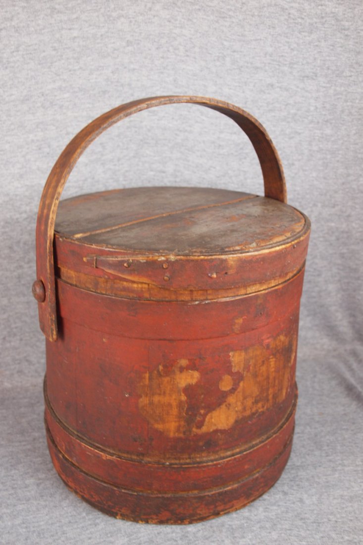 Wooden sugar pail with original red paint: Wooden sugar pail with original red paint
